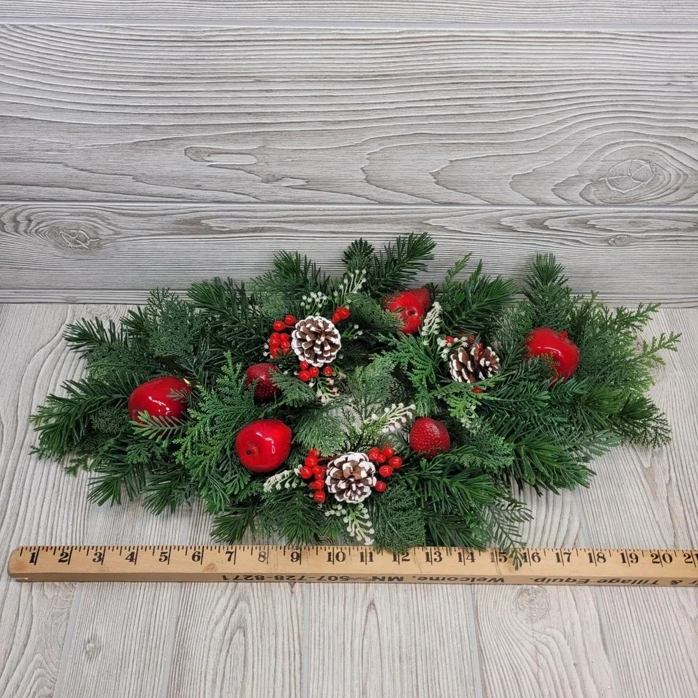HOMCO Christmas Greenery Candle Ring Centerpiece Pine Cones Red Apples Berries‎